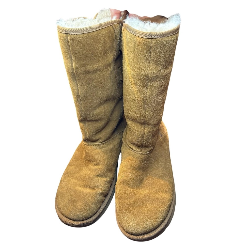 UGG Boots Womens Size 9 Brown Suede Mid Calf Shearling Bow Winter Casual Lined